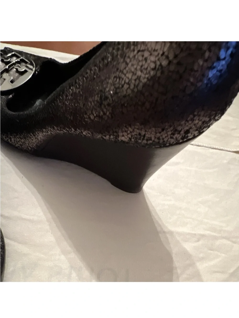 Tory Burch Metallic Pewter Peep-Toe Heels with Logo Medallion